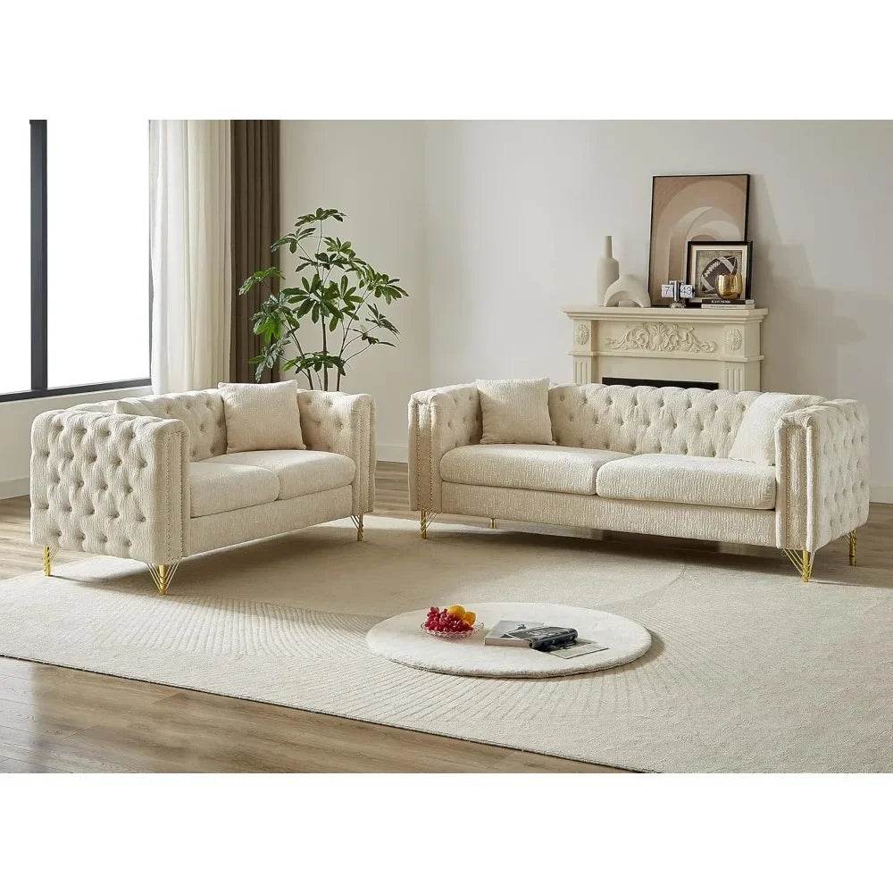 2 Pieces Chenille Living Room Furniture Sofa Couch Set,Button Tufted Comfy Couch with Nailhead Trim&Metal Legs - MarvelouStoree