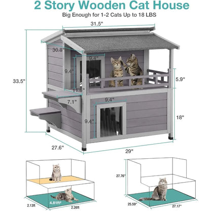 Insulated Outdoor Cat House, Weatherproof Cats Shelter for Winter with Foam Heated Liner, Outside 2 Story Pet House, Kitten Cage