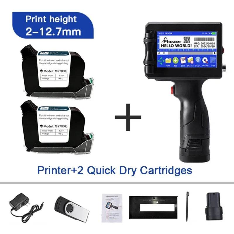 Phezer 12.7/25.4mm Label Printer Handheld Inkjet Printer QR Bar Batch Code Date Number Logo Expiry Date Coding Machine Portable - MarvelouStoree