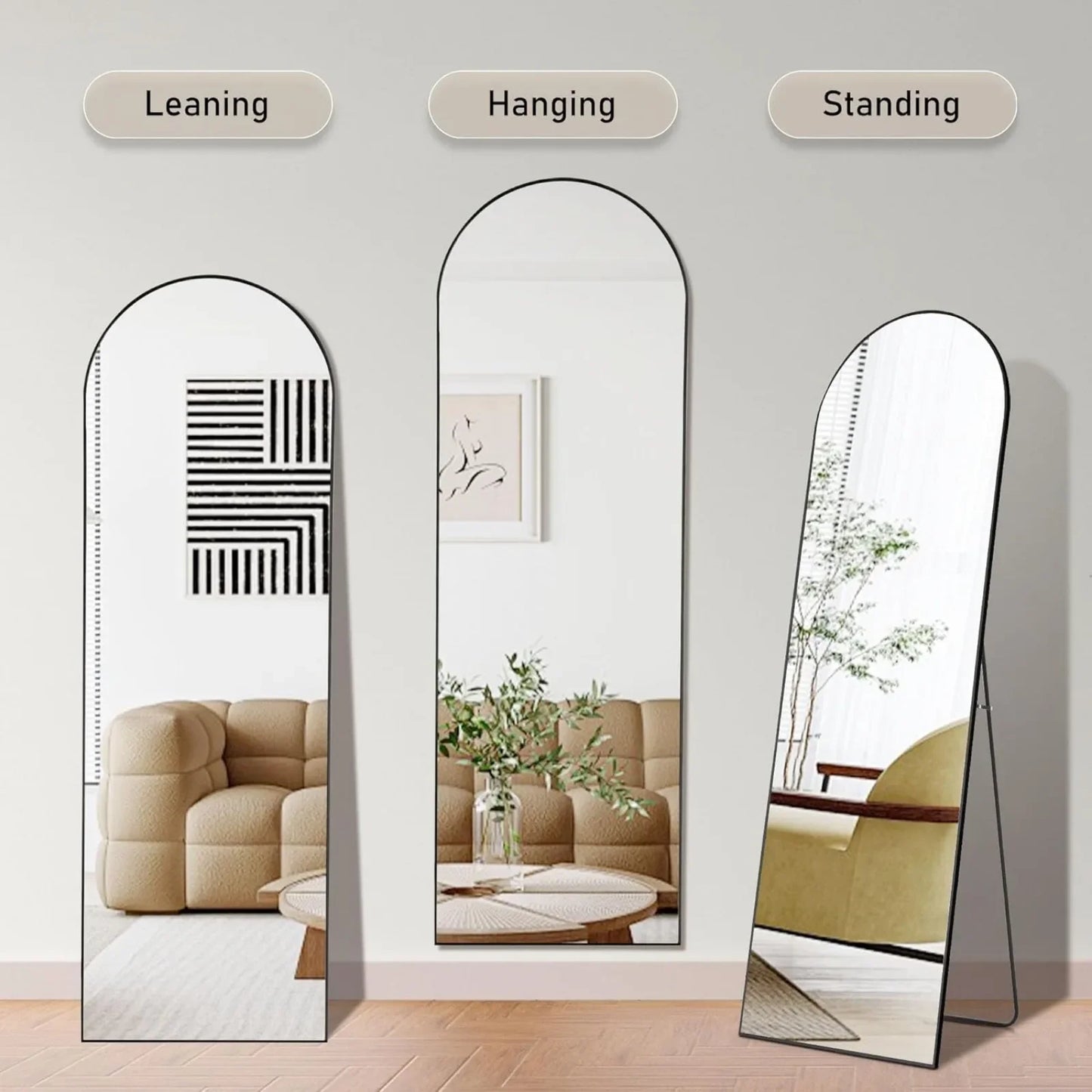 US Arched Full Length Mirror with Stand, Full Length Mirror for Bedroom, Cloakroom, Living Room, Aluminum Alloy Thin Frame