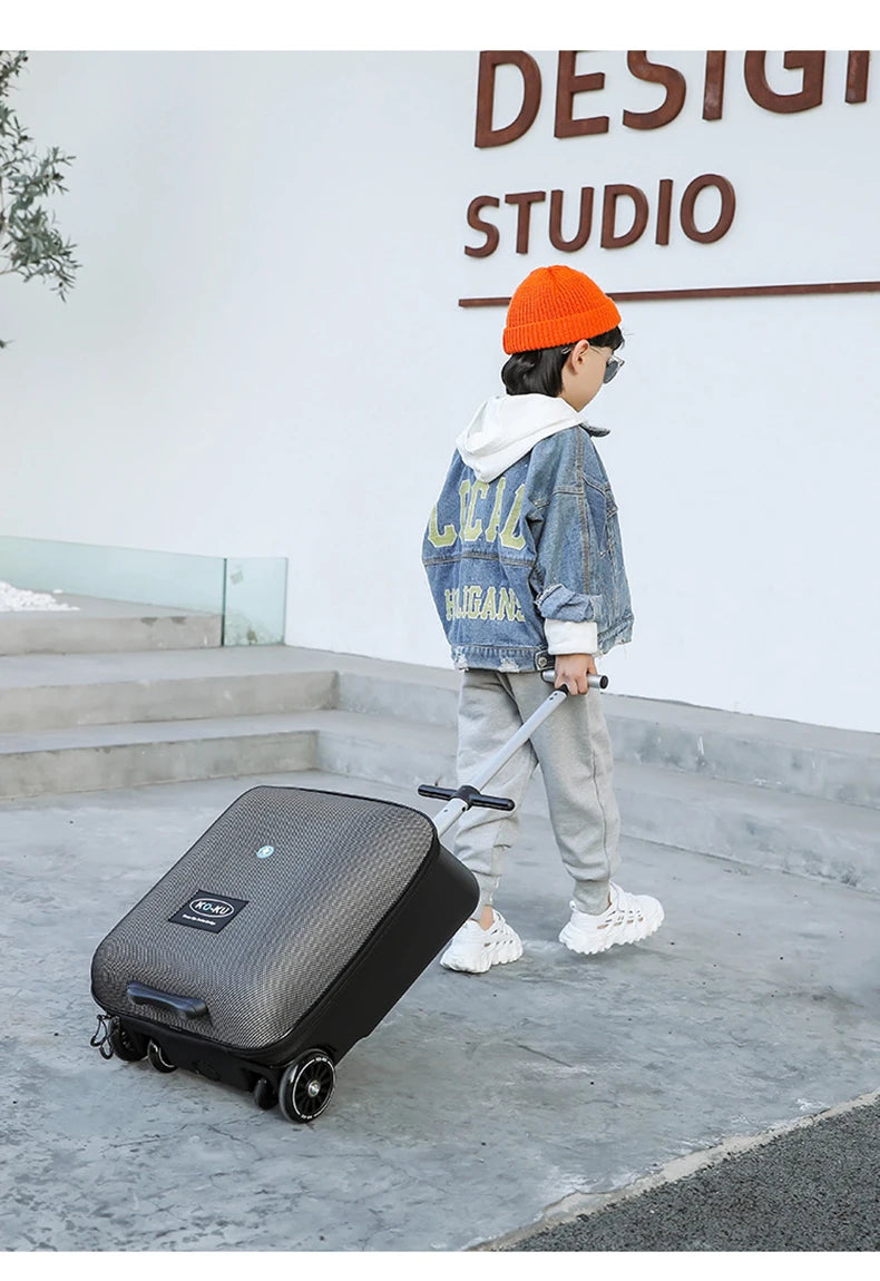 New design lazy baby sit on scooter luggage kids carry on travel suitcase bag boarding skateboard creative trolley case