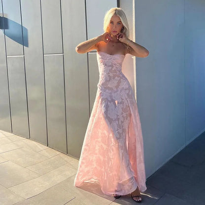 Giyu Sexy Evening Party Dress Women 2024 Summer Beach Maxi Long Dresses Lace Hollow Out Big Swing Backless Pink Holiday Vestidos