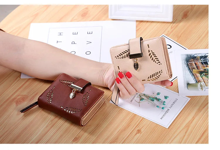 Fashion Women's Purse Short Zipper Wallet Women Leather 2024 Luxury Brand Small Women Wallets Clutch Bag With Hollow Out Leaves