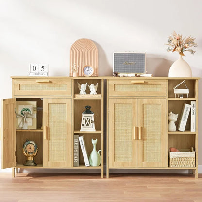 Rattan Cabinet Locker with Rattan Door with Drawers and Adjustable Shelves Living Room Floor Cabinet Entrance Channel Natural