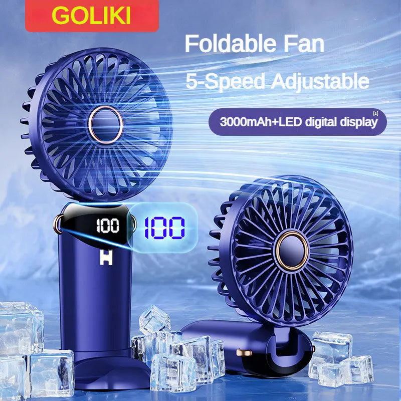 4000mAh Handheld Mini Fan Foldable Portable Neck Hanging Fans 5 Speed USB Rechargeable Fan with Phone Stand and Display Screen