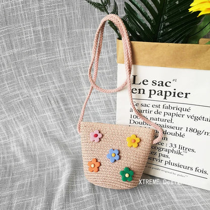 Summer Children's Straw Woven Messenger Bag Lovely Girls Small Coin Purse Handbags Baby Kids Mini Shoulder Bags Princess Wallet