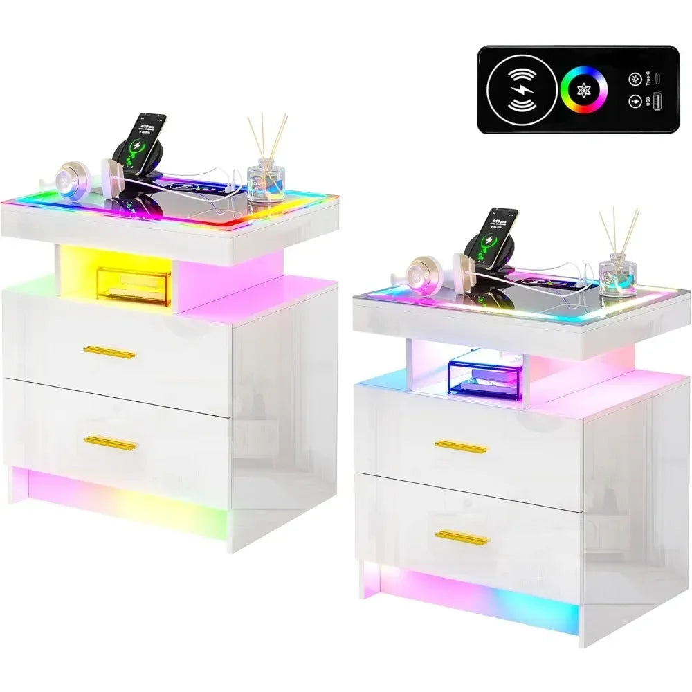 LED Nightstand Set of 2, Modern Bedside Table, Wireless Charging Station, USB Ports, High Gloss Smart Night Stand, RGB