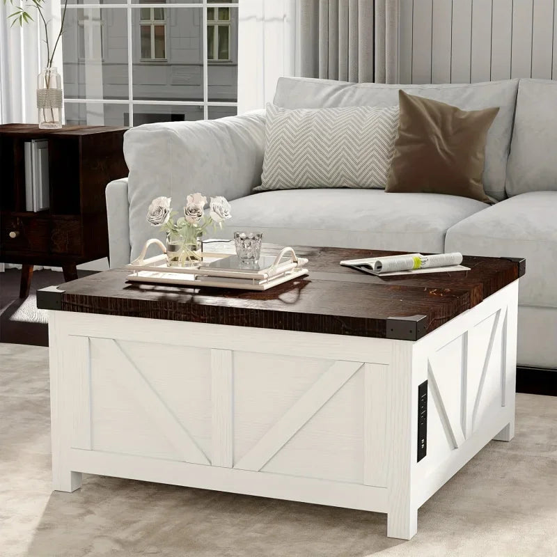 Lift Top Coffee Table with Storage, Wood Square Center Table with Charging Station&USB Ports,Living Room Central Table