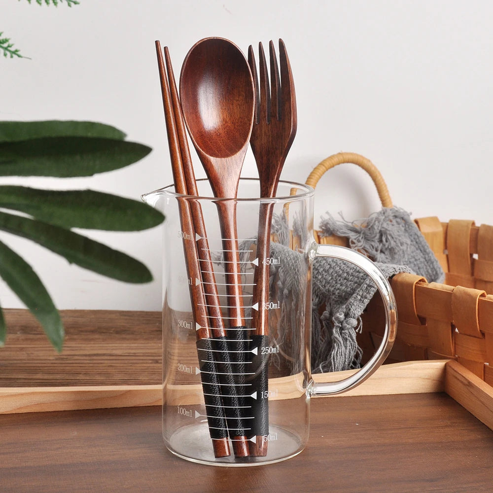 3 Pieces Tableware Natural Wood Dinnerware Spoon Chopsticks Fork Dinner Portable Tableware Grain Household Kitchen Cutlery Set