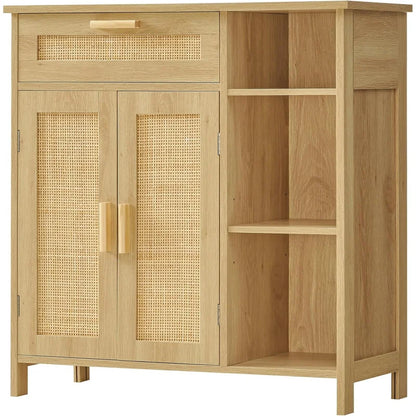 Rattan Cabinet Locker with Rattan Door with Drawers and Adjustable Shelves Living Room Floor Cabinet Entrance Channel Natural