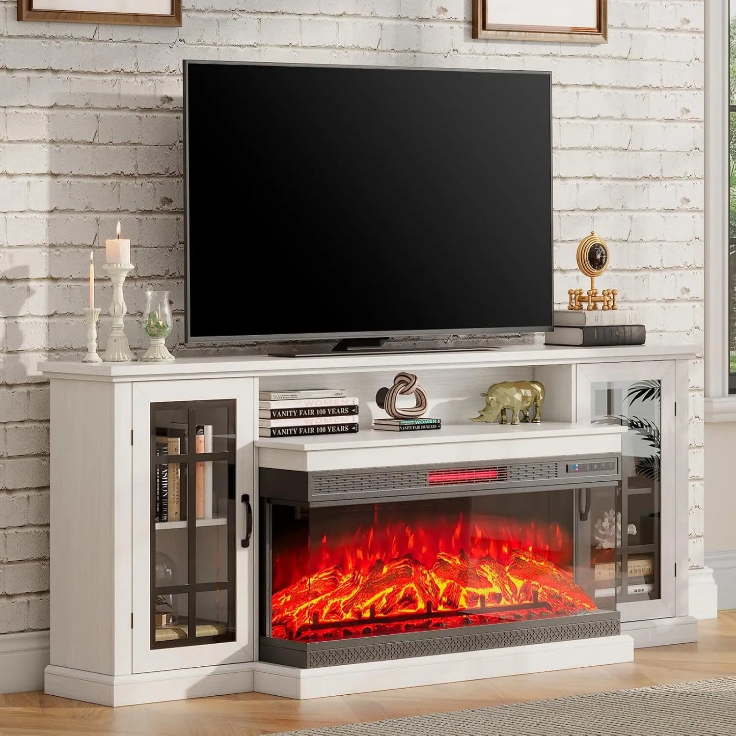 36 Inch 3-Sided Glass Fireplace TV Stand for TVs up to 80", Rustic Media Entertainment Center Console Table with Storage