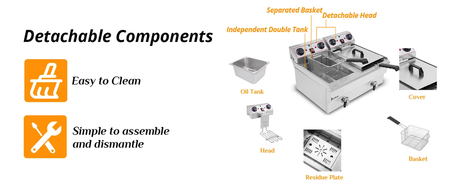 24.9QT Capacity Electric Deep Fryer with Time Control & Oil Filtration, Countertop Dual Tank Fryers w/Drain & Temperature