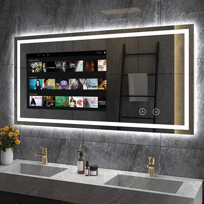 Smart Mirror Android, Touch Screen Wall Decorative Vanity Bath Mirror Rectangle Led Lighted Makeup Backlit Hotel Bathroom