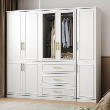 White ultra wide wardrobe with 8 doors, drawers, storage shelves and hanging poles, wooden wardrobe, bedroom storage cabinet - MarvelouStoree