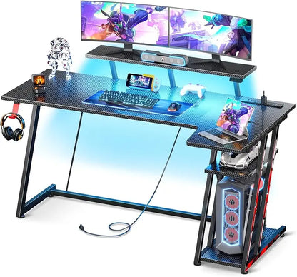 L Shaped Gaming Computer Desk with Storage Rack,Gaming Table with Monitor Stand,PC Gaming table,with Carbon Fiber Texture,Black