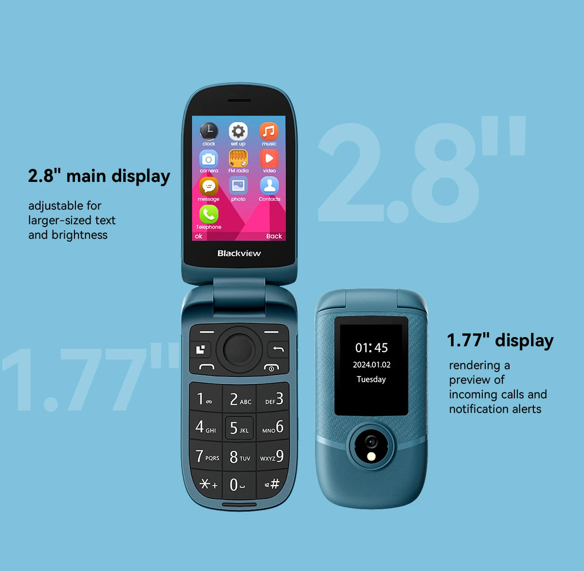 Blackview N2000 Flip Phone Elderly Cellphone Two Display 2.8" SOS Fast Quick Call Dial Push Button Folded Senior Mobile Phone