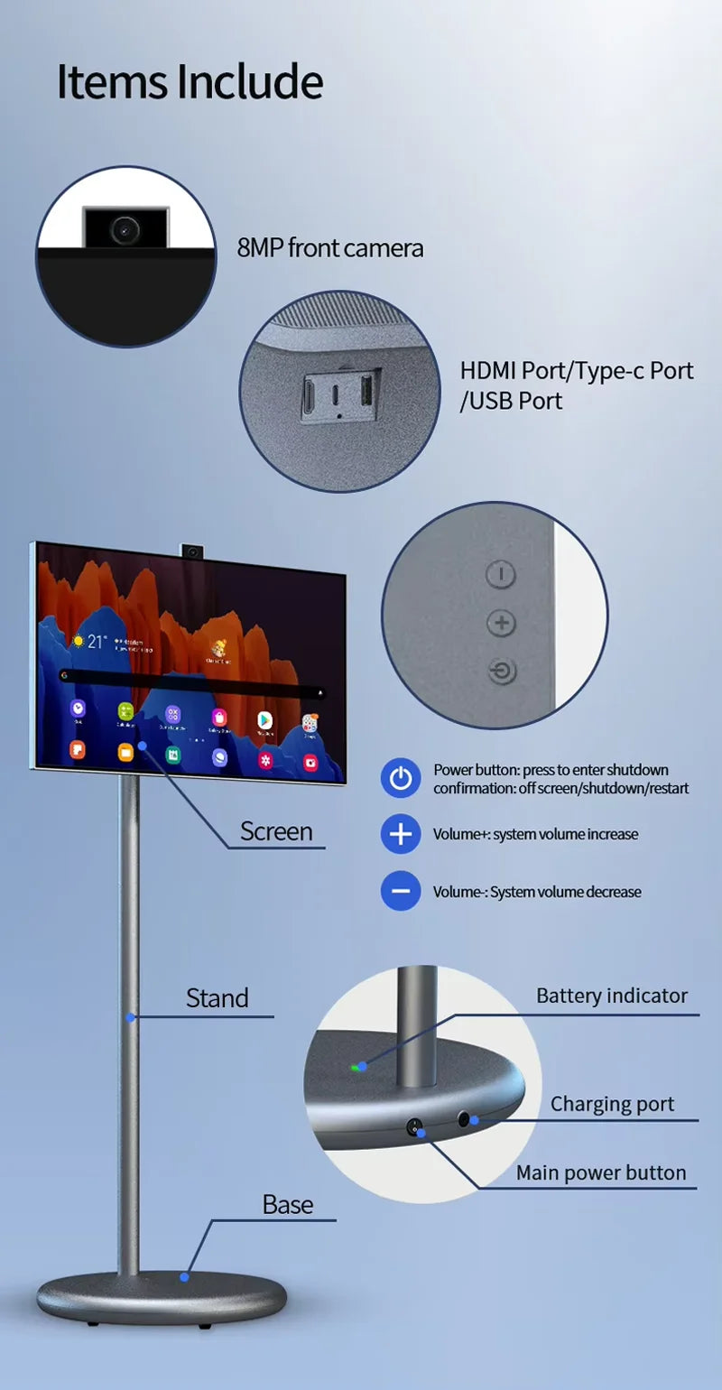 27 inch built-in 8MP camera, portable screen touch, built-in battery, HDMI Bluetooth, Qualcomm octa core