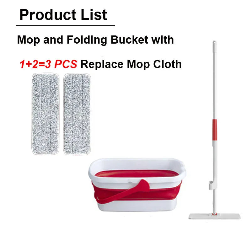 Flat Squeeze Mop and Folding Bucket Free Hand Washing Floor Cleaning Mop Microfiber Mop Pad Cleaning Tools on Hardwood Laminate