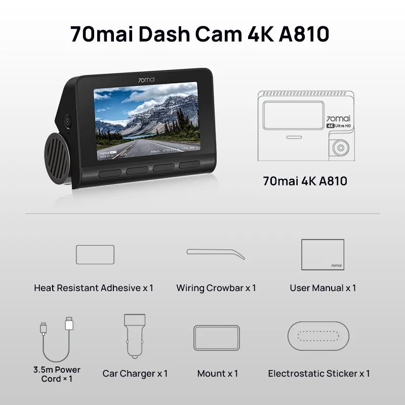 70mai 4K Dash Cam A810 Ultra HD Built-in GPS ADAS Auto Record 150FOV Motion Detection 70mai A810 4G Car DVR Support Rear Cam