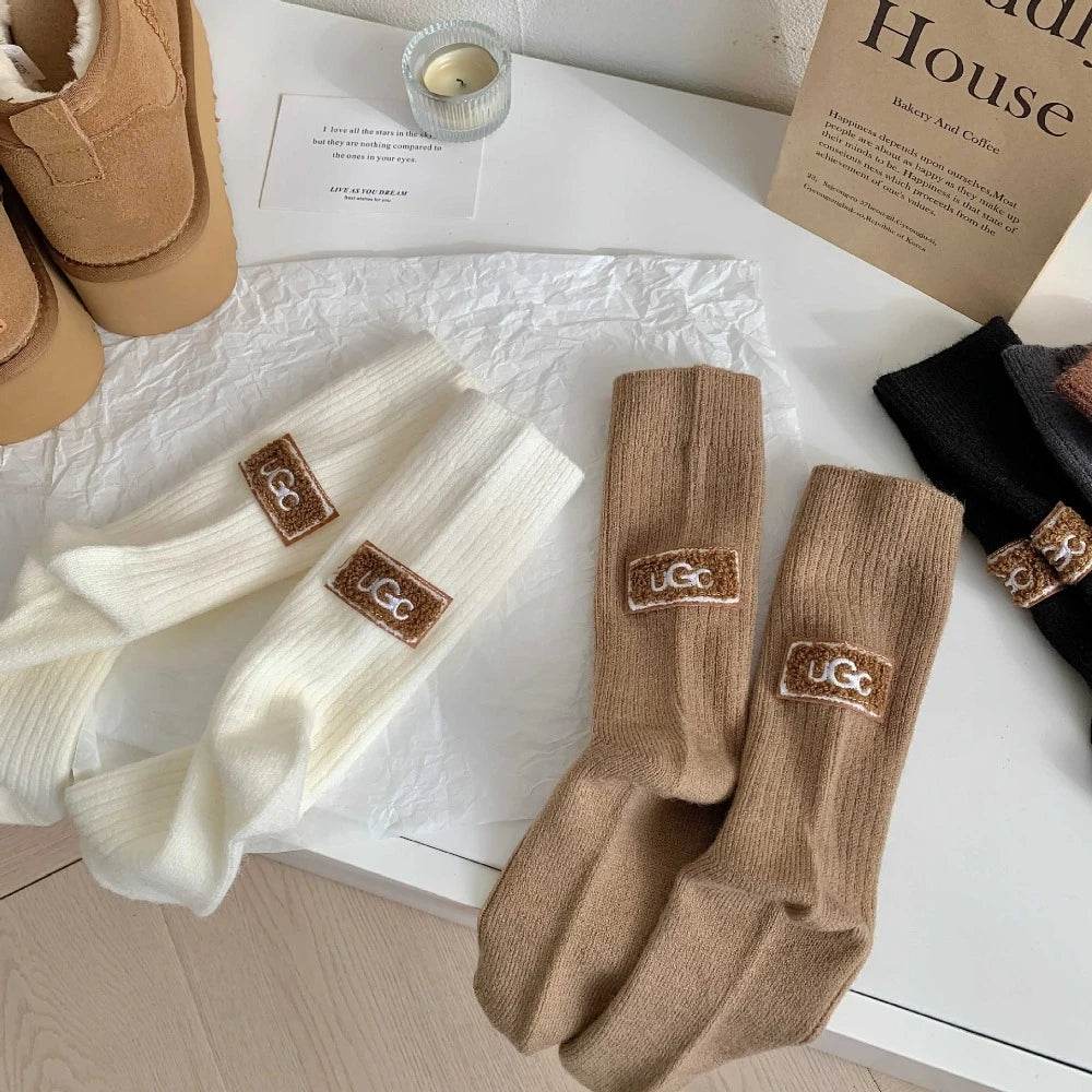 New Middle Tube Mid-Tube Socks Keep Warm Solid Color Snow Boot Socks Heel Furry Label Knitted Ins Women Socks Autumn - MarvelouStoree