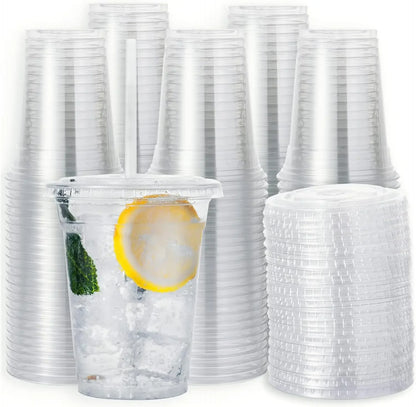 200 Pack Disposable Plastic Cups with Lids and Straws, 12oz Clear Plastic Cups, Disposable Cups