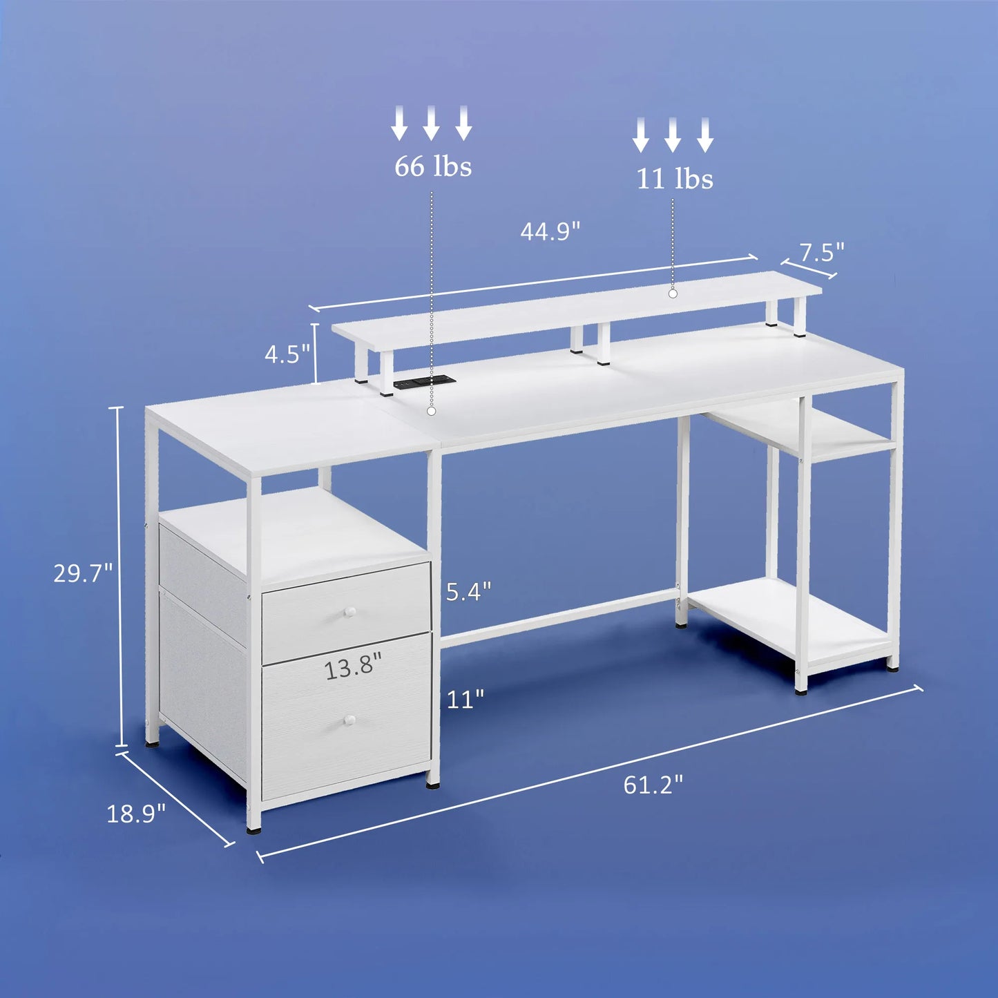 Homcom 61" Computer Desk with Led Lights, Power Outlets, USB Ports, White