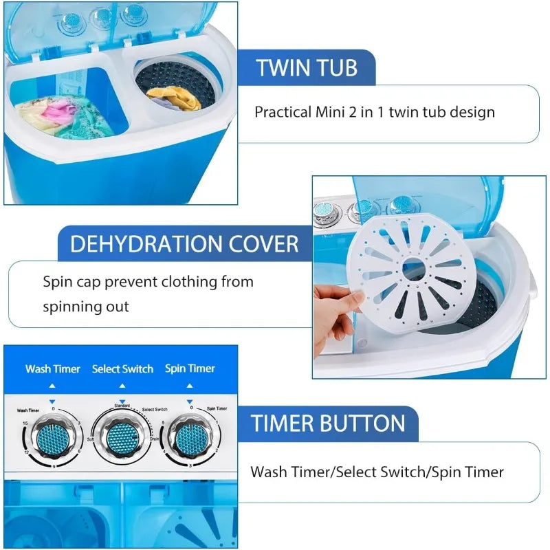 ZenStyle Portable Washer Compact Twin Tub 9.9 LB Mini Top Load Washing Machine Washer/Spinner w/ 6.57 FT Inlet Hose