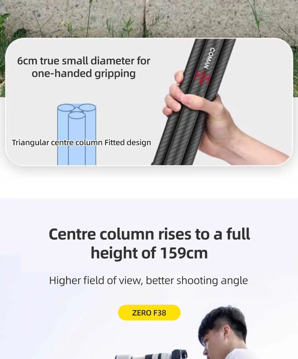 COMAN Zero F38 Carbon Fiber Lightweight Travel Tripod Professional Dslr Camera Tripod For Film making Smartphone Maxload 39.6lbs