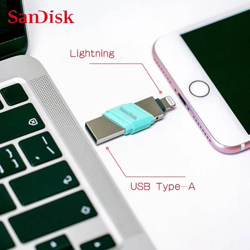 SanDisk USB Flash Drive iXpand Flip OTG Lightning USB 3.1 Stick 64GB 128GB 256GB Pen Drive MFi For iPhone & iPad and USB Type-A - MarvelouStoree