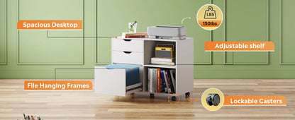 3 Drawer Wooden Filing Cabinet,Mobile Horizontal File Cabinet,Printer Bracket with Open Storage Rack,Suitable for Home Office