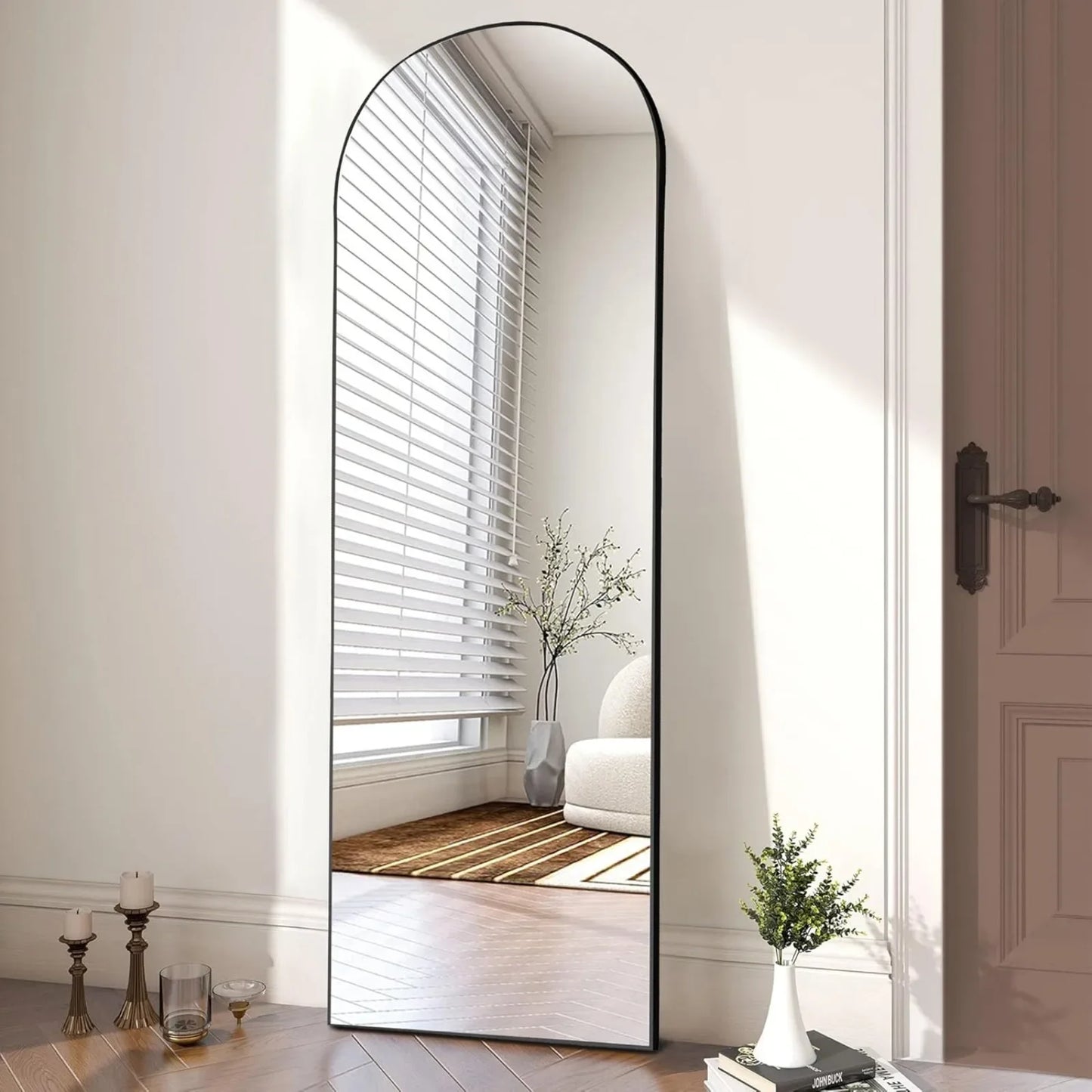 US Arched Full Length Mirror with Stand, Full Length Mirror for Bedroom, Cloakroom, Living Room, Aluminum Alloy Thin Frame