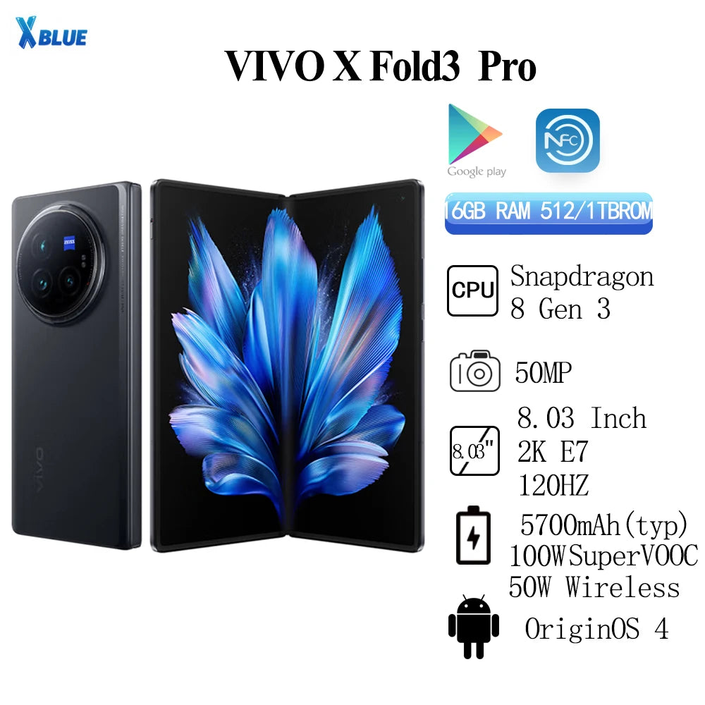 Official Brand New Vivo X Fold 3 Pro Snapdragon 8 Gen 3 50MP 5700mAh 100W SuperVOOC 50W Wireless 8.01" AMOLED 2K E7 120Hz NFC