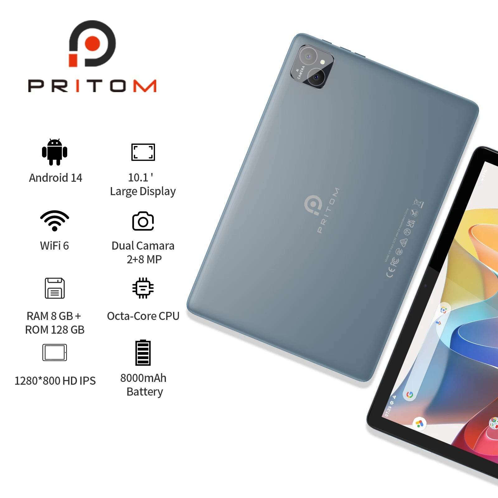 PRITOM Android 14 Tablet 10.1 Inch, 8GB(4+4 Expand) RAM + 128GB ROM, Octa Core, 5G WiFi, with Keyboard, Mouse, Case - MarvelouStoree