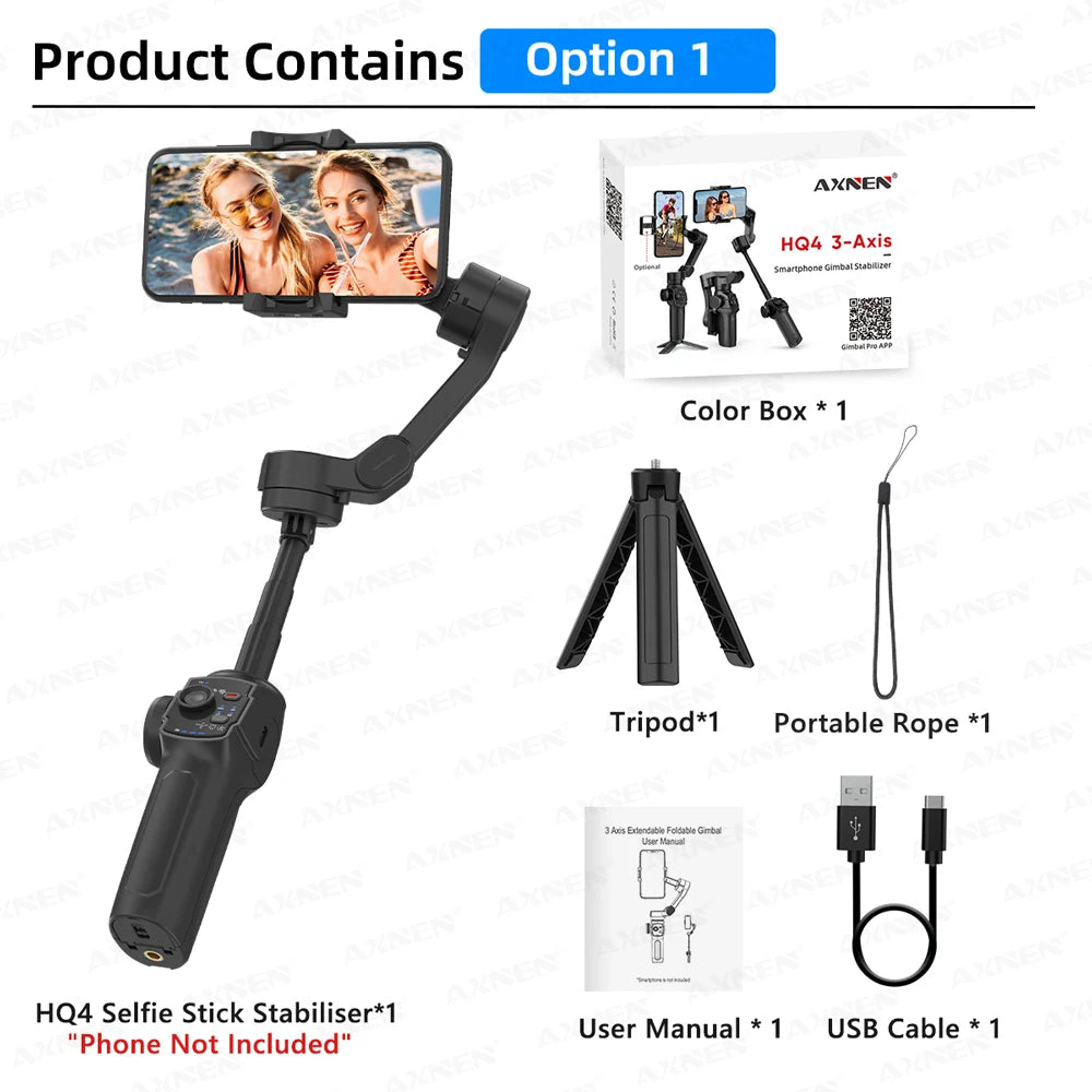 AXNEN HQ4 Smartphone Stabilizer Built-in Selfie Stick, Handheld 3-Axis Phone Gimbal for iPhone Pro Max Android Mobile CellPhone