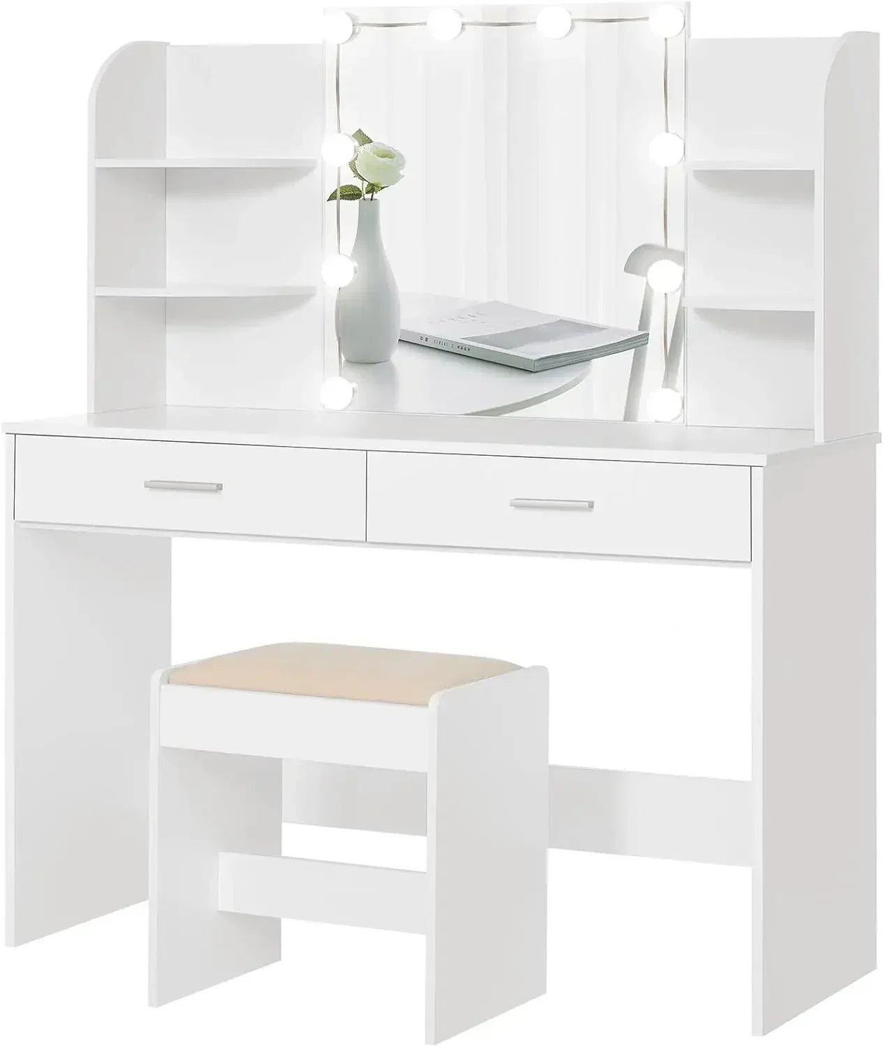 Mirror Vanity Makeup Table Set with  Drawers and Open Shelves