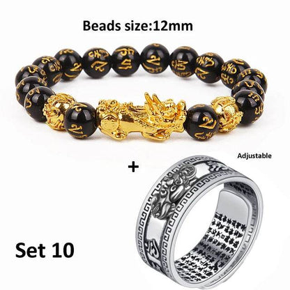 Unisex Men Pixiu Charms Ring Bracelet Chinese Feng Shui Amulet Wealth and Lucky Open Adjustable Ring Bead Bracelet - MarvelouStoree