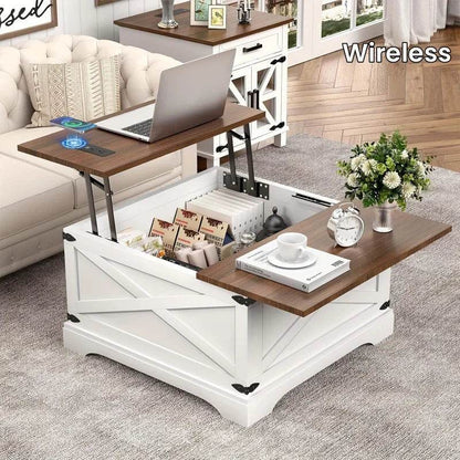 Farmhouse Square Coffee Table, Lift Top Coffee Table with Wireless Charging Station, Coffee Table with Large Hidden Storage - MarvelouStoree