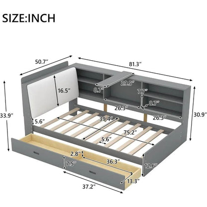 Playhouse.Twin Size L-Shaped Daybed with Upholstered Storage Headboard and Underneath Drawers,Captains Bed with Bookcase - MarvelouStoree