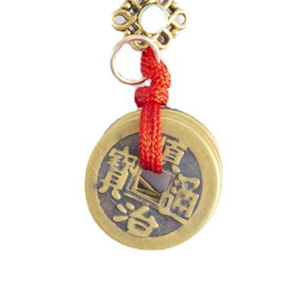 Handmade Rope Lucky Feng Shui Hanging Vintage Brass Money Bag Keychain Pendant Jewelry Ancient Five Emperors Coins Car Key Chain