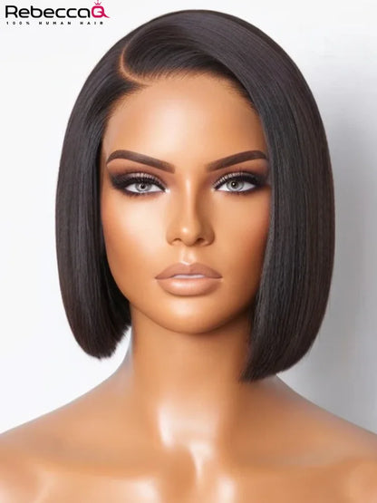 QVR Natural Black Short Straight Bob Wig Hairline Silky Glueless Lace Front Short Bob Wig Human Hair C Part Fits All Face Shapes