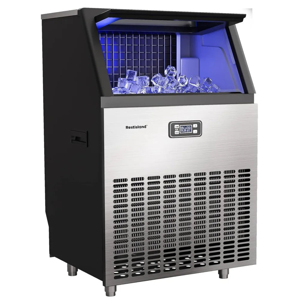 Commercial Ice Maker Machine,Stainless Steel,Automatic Cleaning,Blue Ray,Perfect for Bar or Business,includes Ice Shovel, Hose