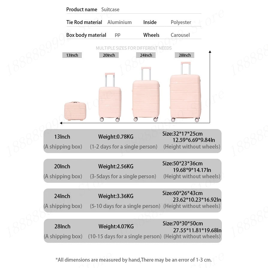 13 20 24 28 inch Set of 3 or 4 Suitcases PP Large Capacity Luggage Explosion-Proof Zipper Boarding Trolley Case Bags