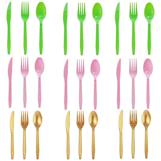 10pcs/Set green golden Pink Disposable Tableware Plastic Knife Fork Spoon Birthday Decor Kids Adults Wedding Party Supplies