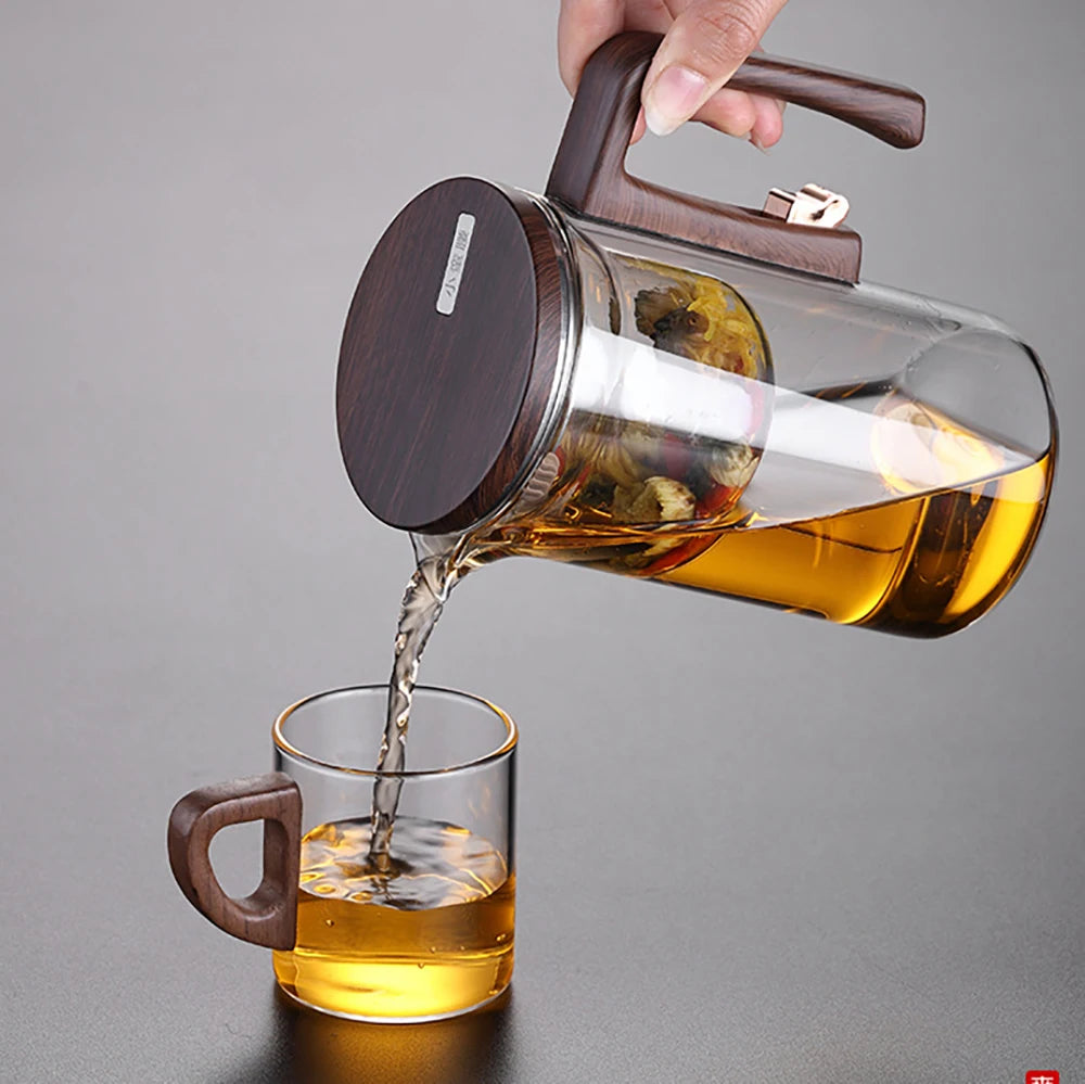 520ML/720ML Glass Teapot Water Separation Inner Container One Click Magnetic Switch Tea Filtration Tea Pot Wood Handle Cup Set