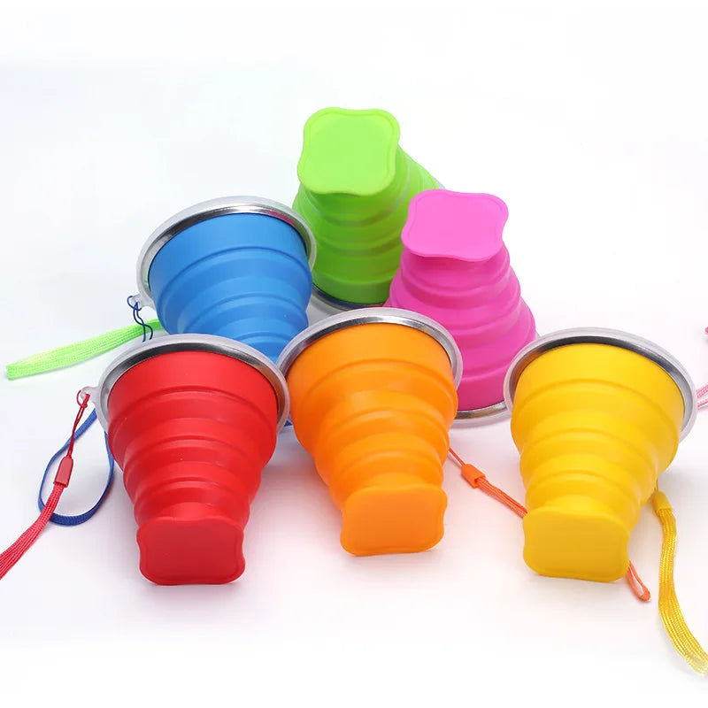 Portable Silicone Retractable Folding Cup Outdoor With Cover Coffee Handcup Camp Picnic Hiking Mini Water Glass Drinkware