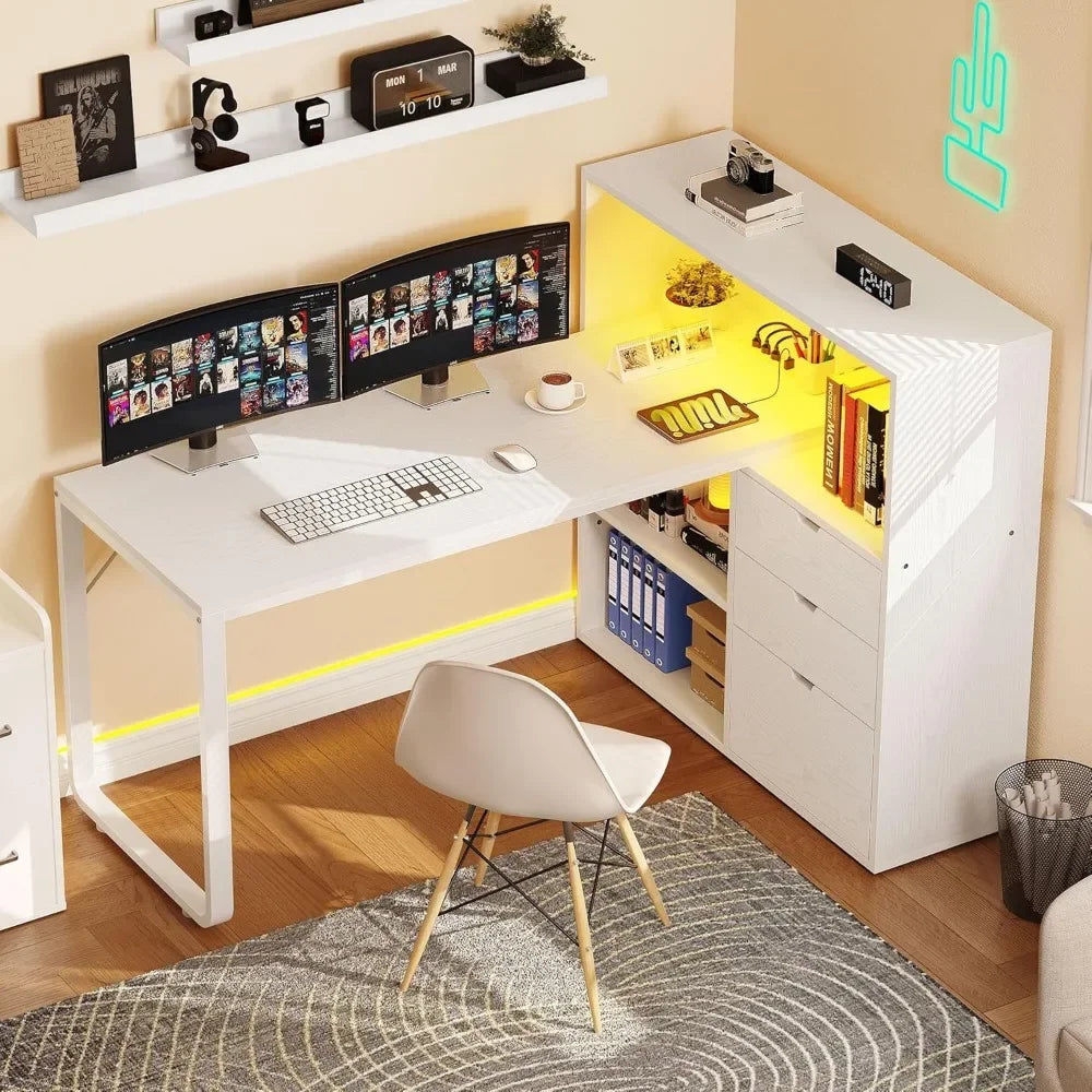 Shaped Desk with Drawers, 55" Corner Computer Desk with Bookshelf & Power Outlets & LED Lights, Home Office Desk with Storage