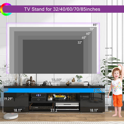 74 Inch LED TV Stand for 80/85 Inch TV, Modern Gaming TV Cabinet with Power Outlet, High Gloss Entertainment Center with Storage