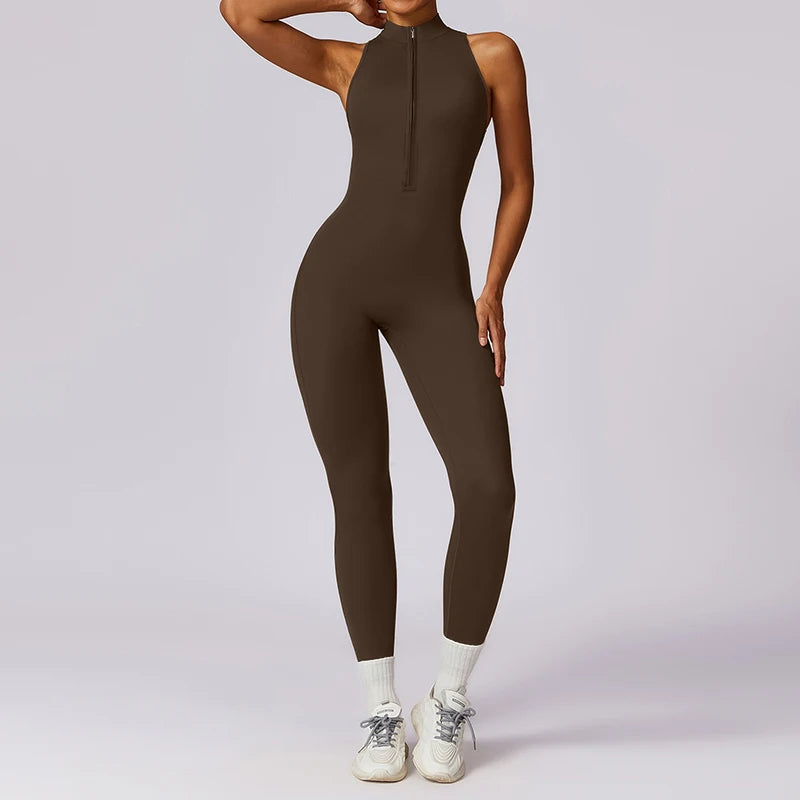 Backless Jumpsuits Zipper Sports Bodysuits Women Yoga Sets Sportswear Fitness Overalls One Piece Suit Workout Playsuit Female