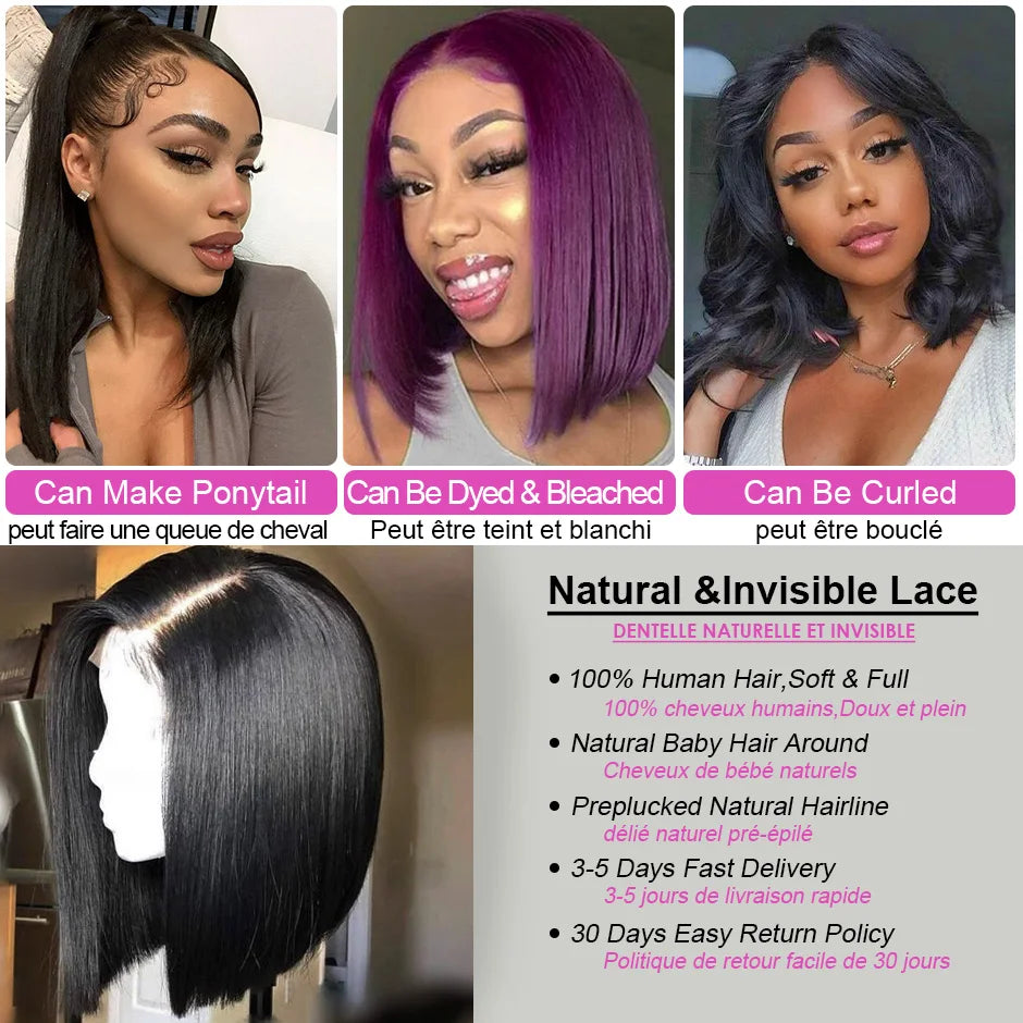 Short Bob Wig Bone Straight Human Hair Wigs For Black Women Pre-Plucked Remy Wigs Malaysian 13x4 Lace Frontal Wigs 180% Density