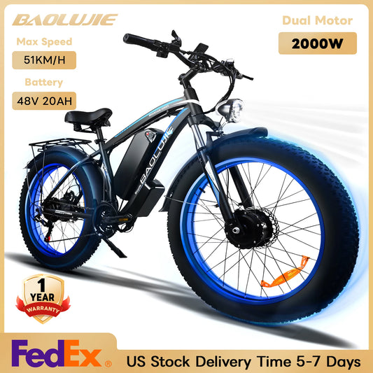 Baolujie 2000W Electric Bike with 20AhRemovable Battery 26"×4"Fat Tire Ebike for Adults 35MPH 80MilesElectric Bicycles